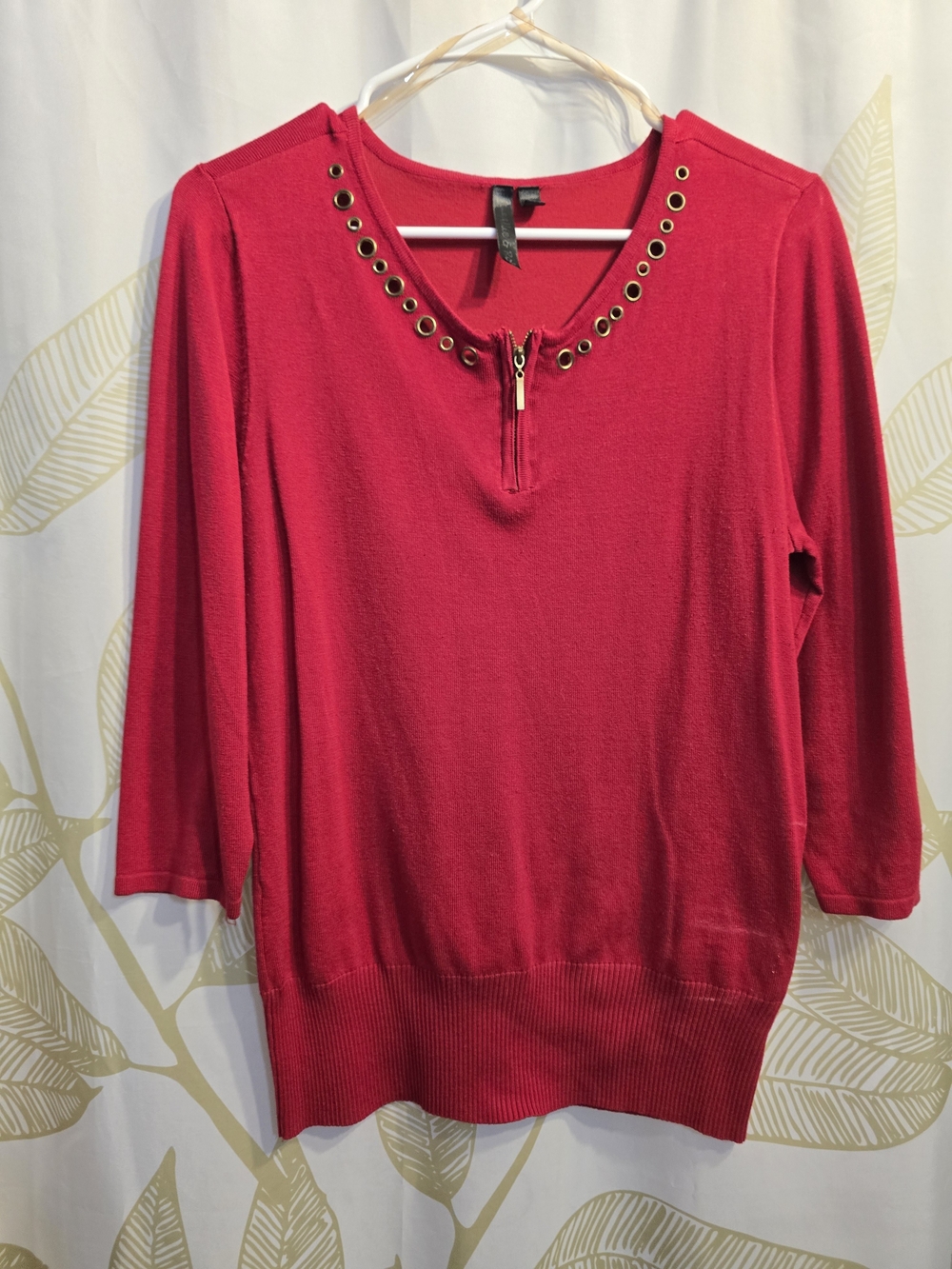 Red Grommet Detail Zip-Neck Sweater